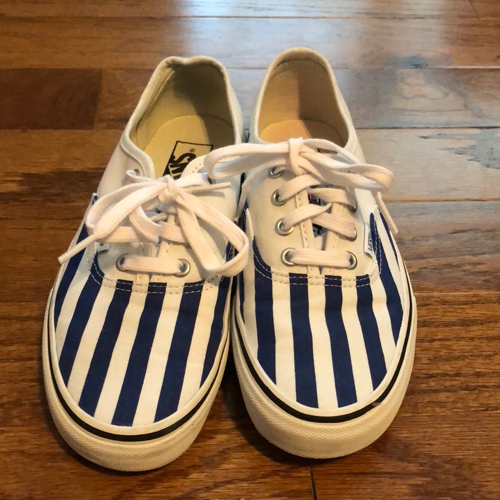 Blue and white striped lace up vans